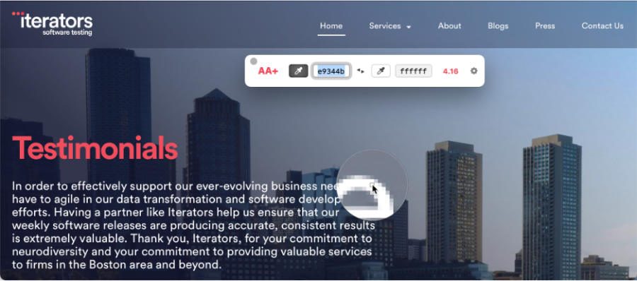 color tool on Testimonials page of Iterators website