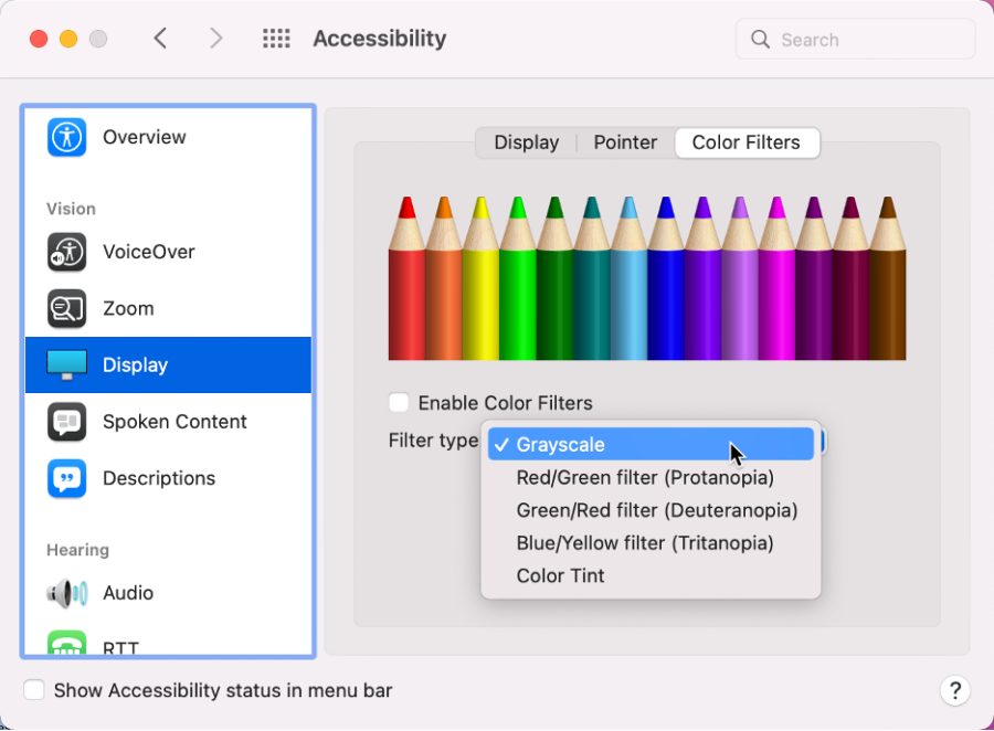 macIOS color filters settings for display